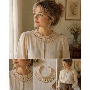 Vintage Crochet Lace Collar Ivory Detachable Collar Cottagecore Peter Pan Style